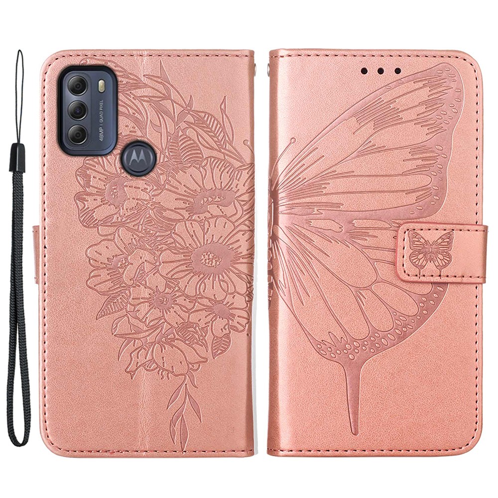 Phone Cover Butterfly Flower Imprinted Well-protected Anti-fall Leather Stand Wallet Cover for Motorola Moto G50S 5G - Rose Gold-1