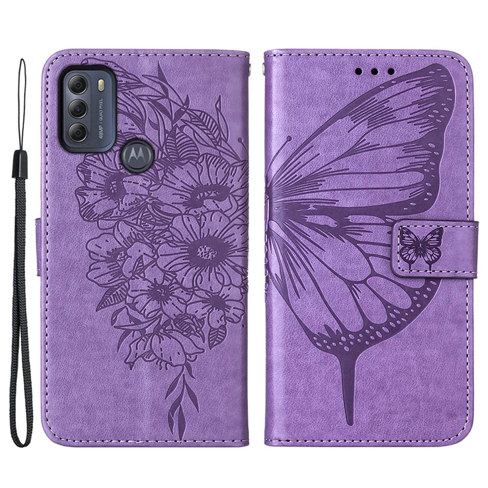 Phone Cover Butterfly Flower Imprinted Well-protected Anti-fall Leather Stand Wallet Cover for Motorola Moto G50S 5G - Light Purple-1