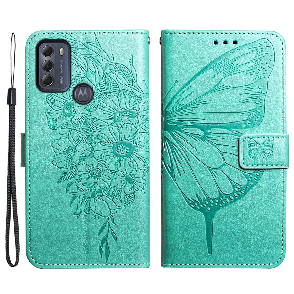 Phone Cover Butterfly Flower Imprinted Well-protected Anti-fall Leather Stand Wallet Cover for Motorola Moto G50S 5G - Green-1