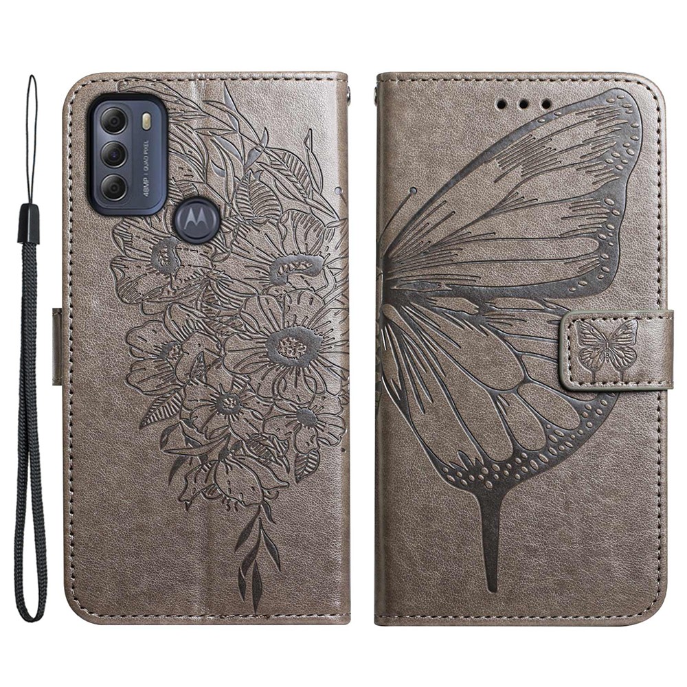 Phone Cover Butterfly Flower Imprinted Well-protected Anti-fall Leather Stand Wallet Cover for Motorola Moto G50S 5G - Grey-1