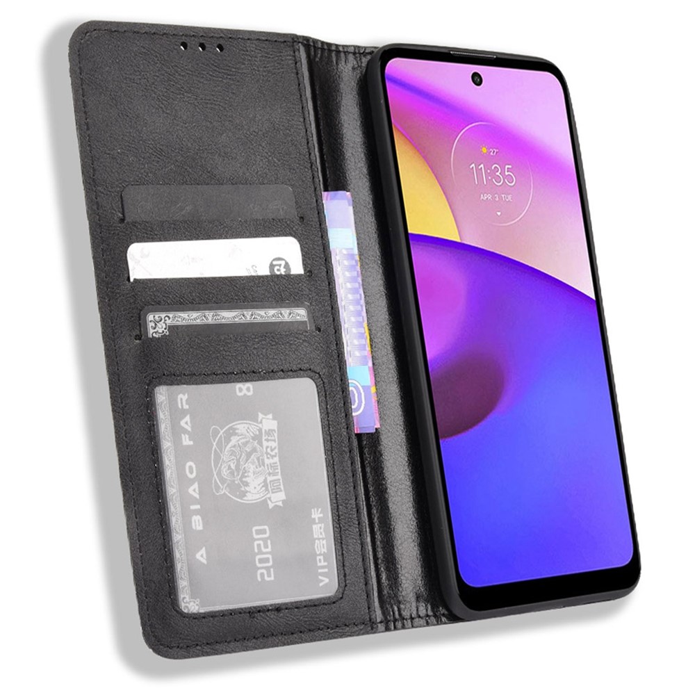 Phone Leather Case Stylish Retro Textured Surface Wallet Stand Protective Cover for Motorola Moto E20/E30/E40 - Black-4