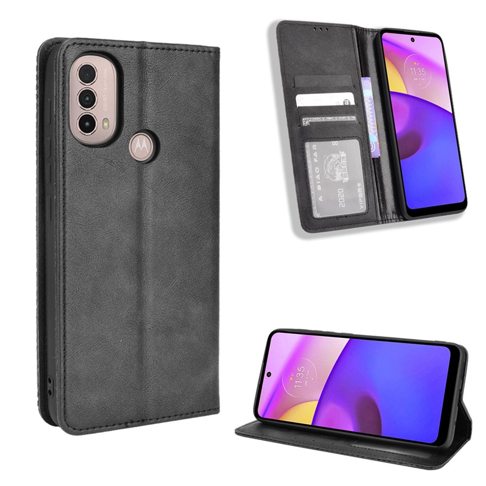 Phone Leather Case Stylish Retro Textured Surface Wallet Stand Protective Cover for Motorola Moto E20/E30/E40 - Black-9