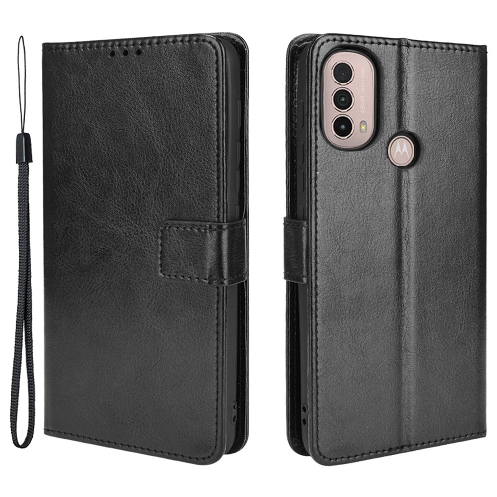 Crazy Horse Texture PU Leather Wallet Flip Folio Stand Phone Cover Magnetic Anti-Scratch Case with Wrist Strap for Motorola Moto E20/E30/E40 - Black-1