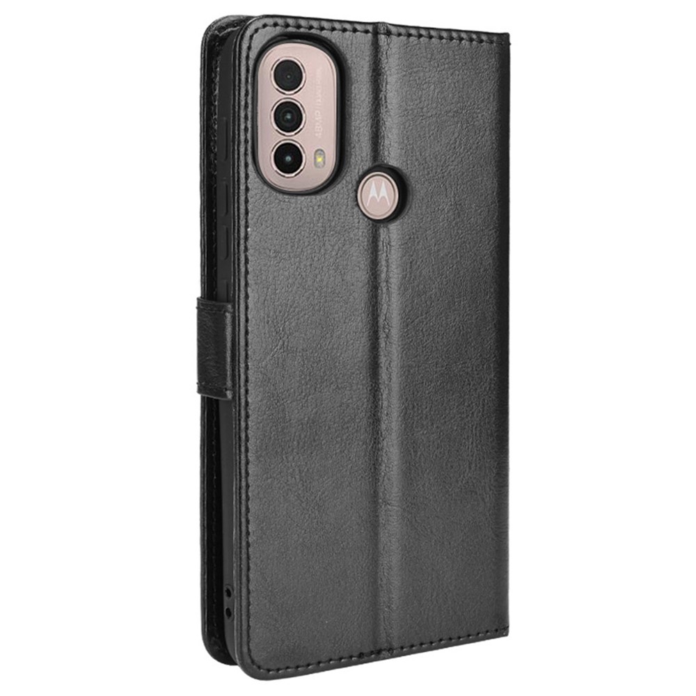 Crazy Horse Texture PU Leather Wallet Flip Folio Stand Phone Cover Magnetic Anti-Scratch Case with Wrist Strap for Motorola Moto E20/E30/E40 - Black-3