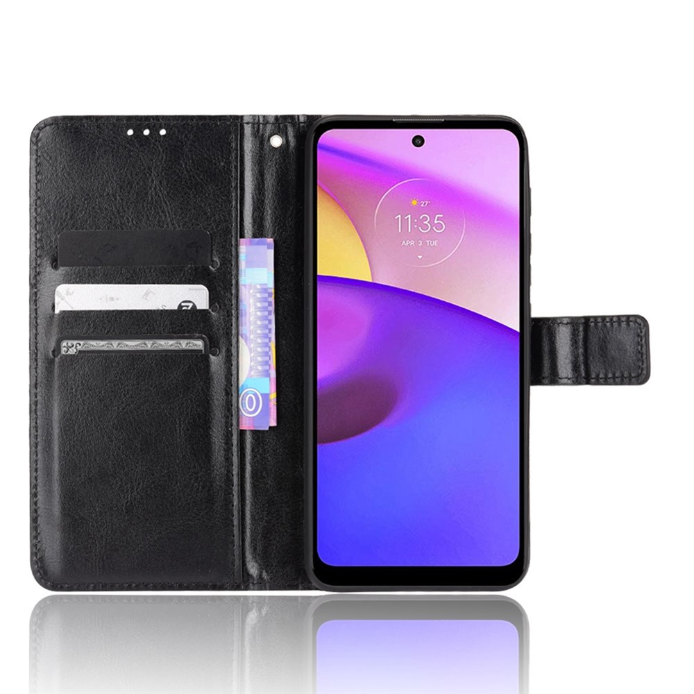 Crazy Horse Texture PU Leather Wallet Flip Folio Stand Phone Cover Magnetic Anti-Scratch Case with Wrist Strap for Motorola Moto E20/E30/E40 - Black-4