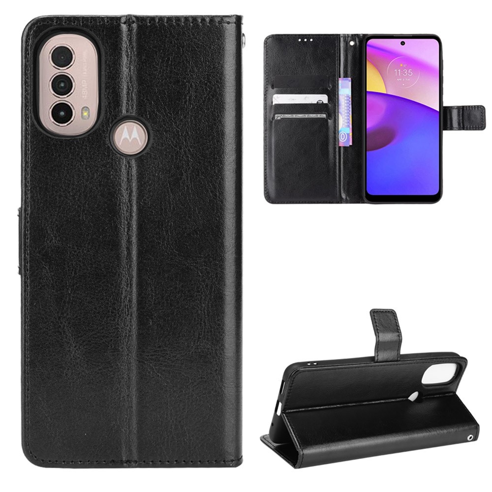 Crazy Horse Texture PU Leather Wallet Flip Folio Stand Phone Cover Magnetic Anti-Scratch Case with Wrist Strap for Motorola Moto E20/E30/E40 - Black-8