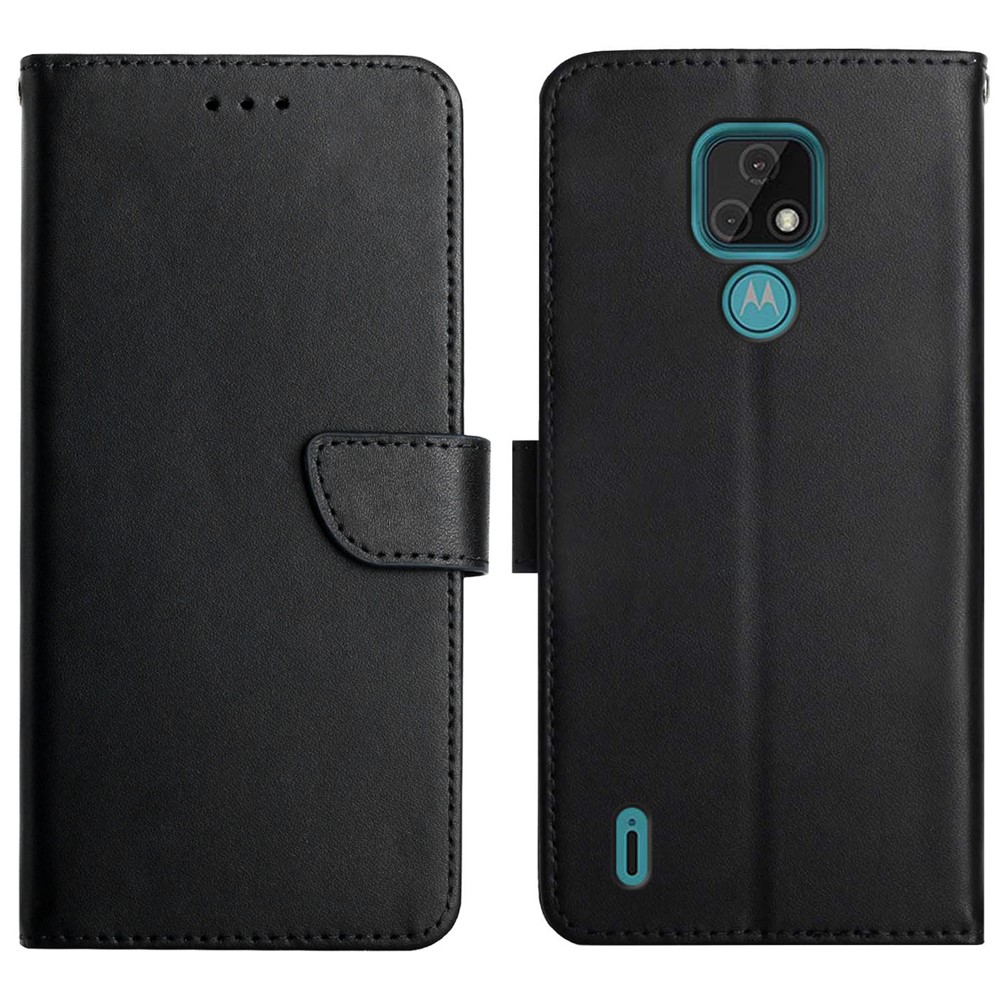 Nappa Texture Shell Genuine Leather Wallet Folio Flip Protective Case with Adjustable Stand for Motorola Moto E7 - Black-1