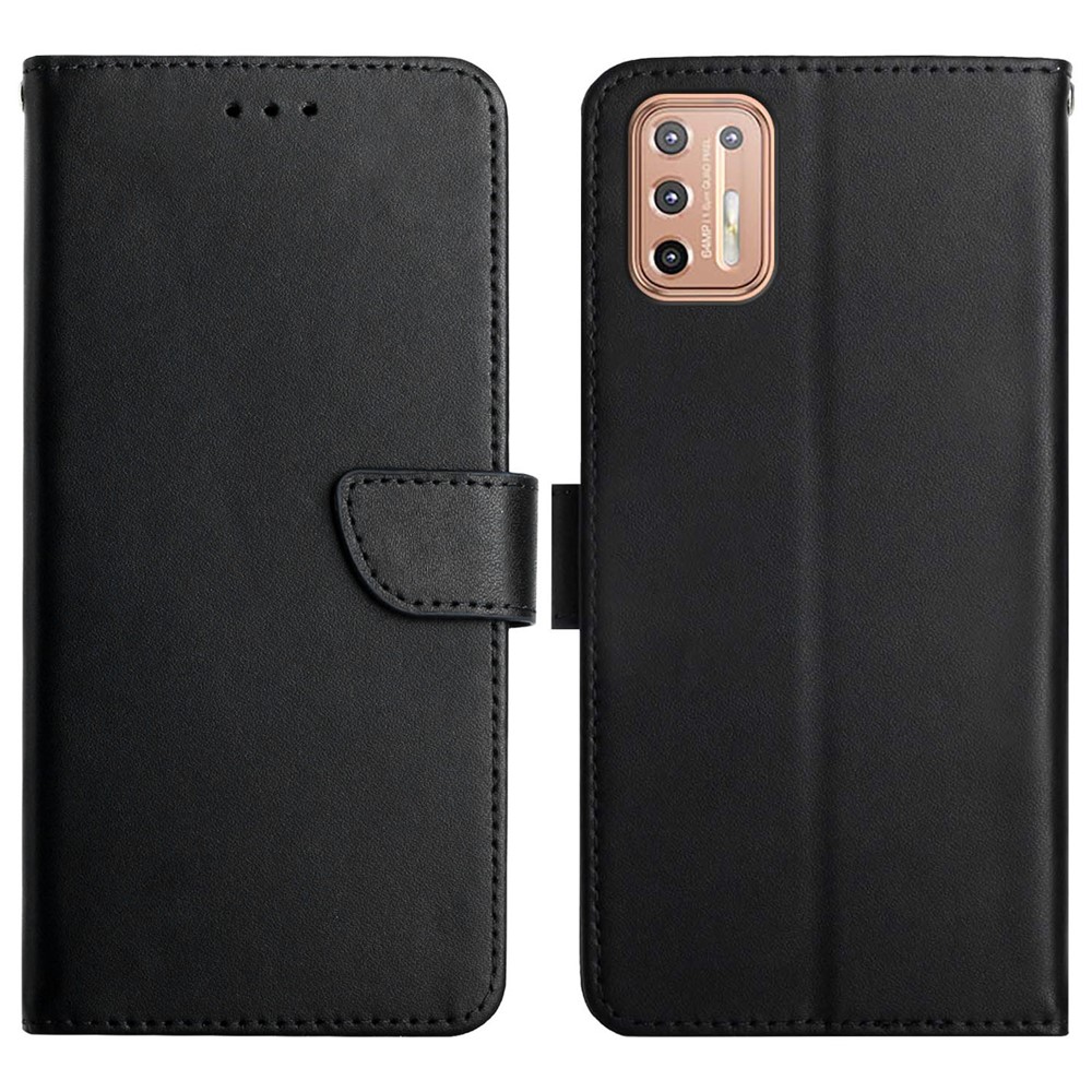 Nappa Texture Genuine Leather Wallet Folio Flip Protective Case with Hands-free Stand for Motorola Moto G9 Plus - Black-1