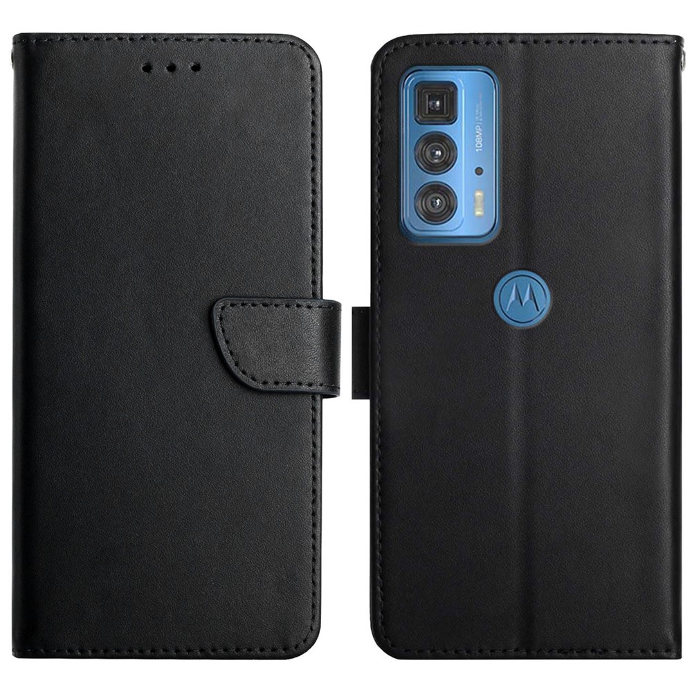 Solid Color Nappa Texture Genuine Leather Wallet Stand Protective Phone Case for Motorola Edge 20 Pro - Black-1