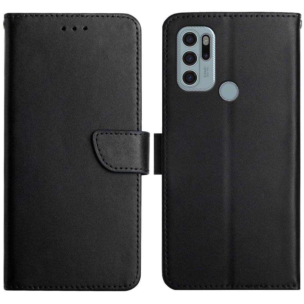 Scratch-proof Nappa Texture Genuine Leather Wallet Stand Protective Phone Case for Motorola Moto G60S - Black-1