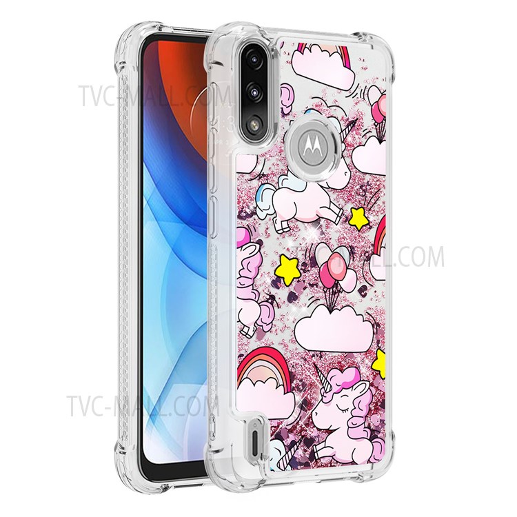 Pattern Printing Design Quicksand Moving Glitter Case Four Corners Anti-fall TPU Case for Motorola Moto E7 Power - Unicorns and Balloon-1