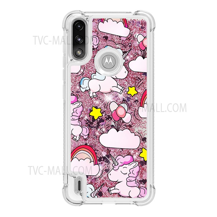 Pattern Printing Design Quicksand Moving Glitter Case Four Corners Anti-fall TPU Case for Motorola Moto E7 Power - Unicorns and Balloon-2