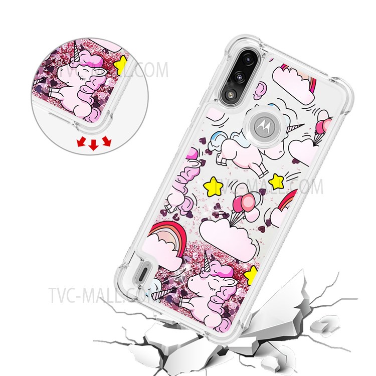 Pattern Printing Design Quicksand Moving Glitter Case Four Corners Anti-fall TPU Case for Motorola Moto E7 Power - Unicorns and Balloon-4