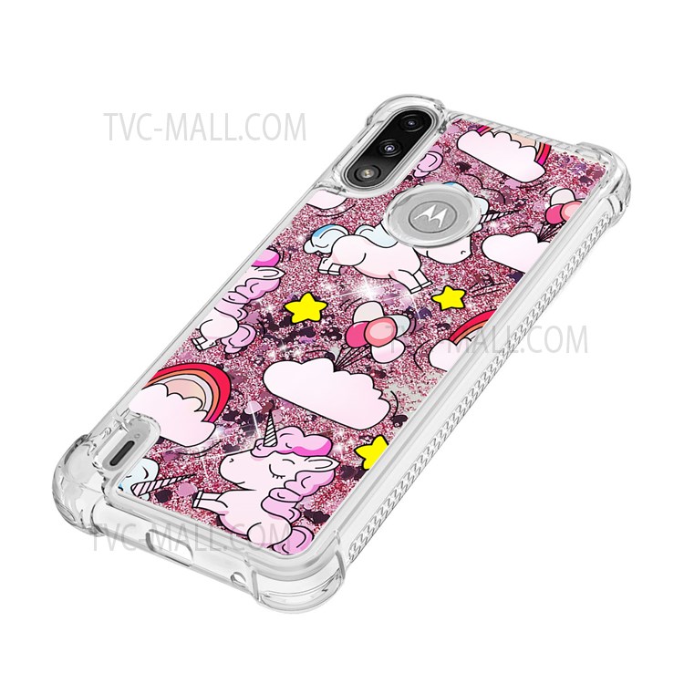 Pattern Printing Design Quicksand Moving Glitter Case Four Corners Anti-fall TPU Case for Motorola Moto E7 Power - Unicorns and Balloon-5