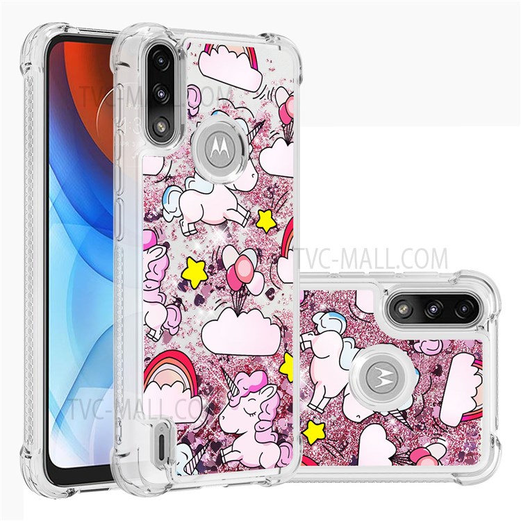 Pattern Printing Design Quicksand Moving Glitter Case Four Corners Anti-fall TPU Case for Motorola Moto E7 Power - Unicorns and Balloon-6