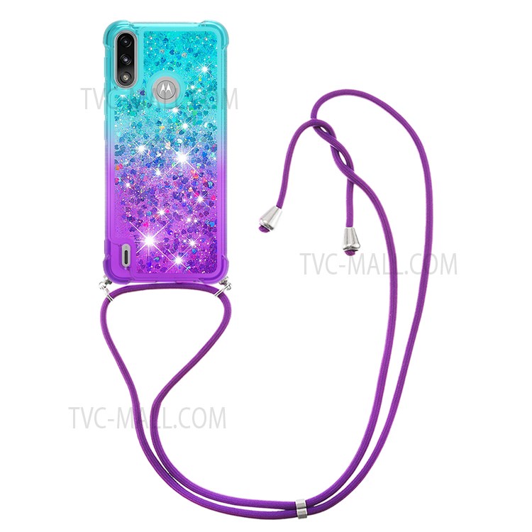 Anti-drop Anti-scratch Soft TPU Case Liquid Glitter Gradient Quicksand Sparkle Protective Cover with Lanyard for Motorola Moto E7 Power - Sky Blue/Purple-1