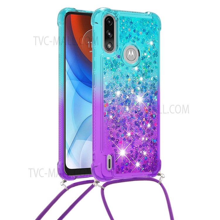 Anti-drop Anti-scratch Soft TPU Case Liquid Glitter Gradient Quicksand Sparkle Protective Cover with Lanyard for Motorola Moto E7 Power - Sky Blue/Purple-2