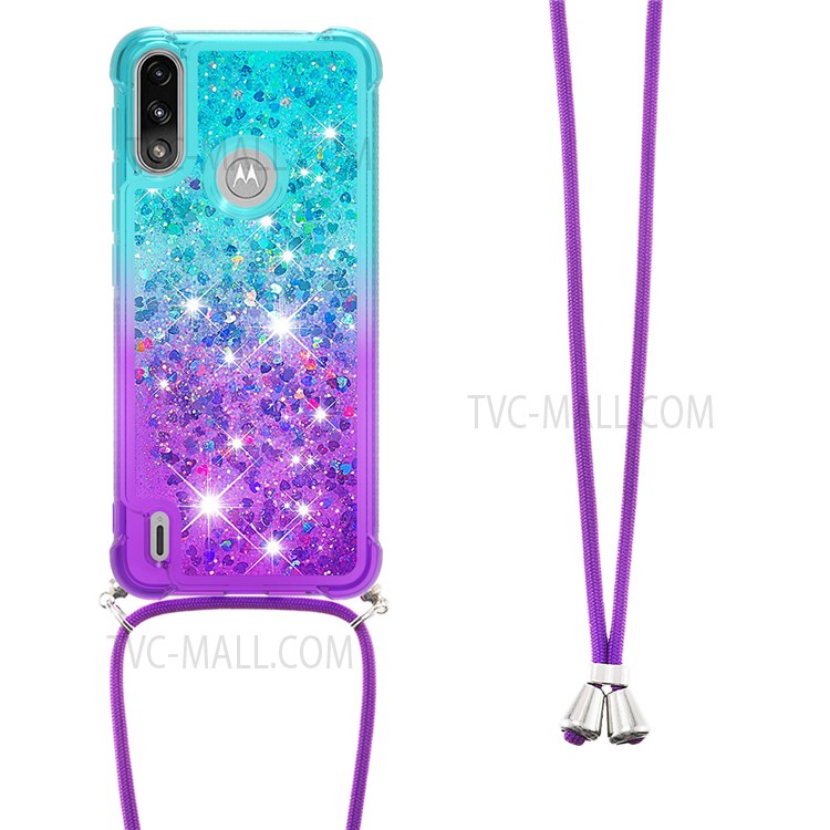 Anti-drop Anti-scratch Soft TPU Case Liquid Glitter Gradient Quicksand Sparkle Protective Cover with Lanyard for Motorola Moto E7 Power - Sky Blue/Purple-3