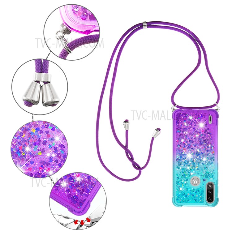 Anti-drop Anti-scratch Soft TPU Case Liquid Glitter Gradient Quicksand Sparkle Protective Cover with Lanyard for Motorola Moto E7 Power - Sky Blue/Purple-4