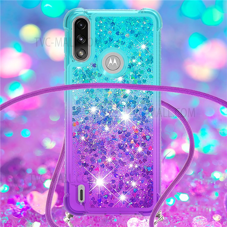 Anti-drop Anti-scratch Soft TPU Case Liquid Glitter Gradient Quicksand Sparkle Protective Cover with Lanyard for Motorola Moto E7 Power - Sky Blue/Purple-5