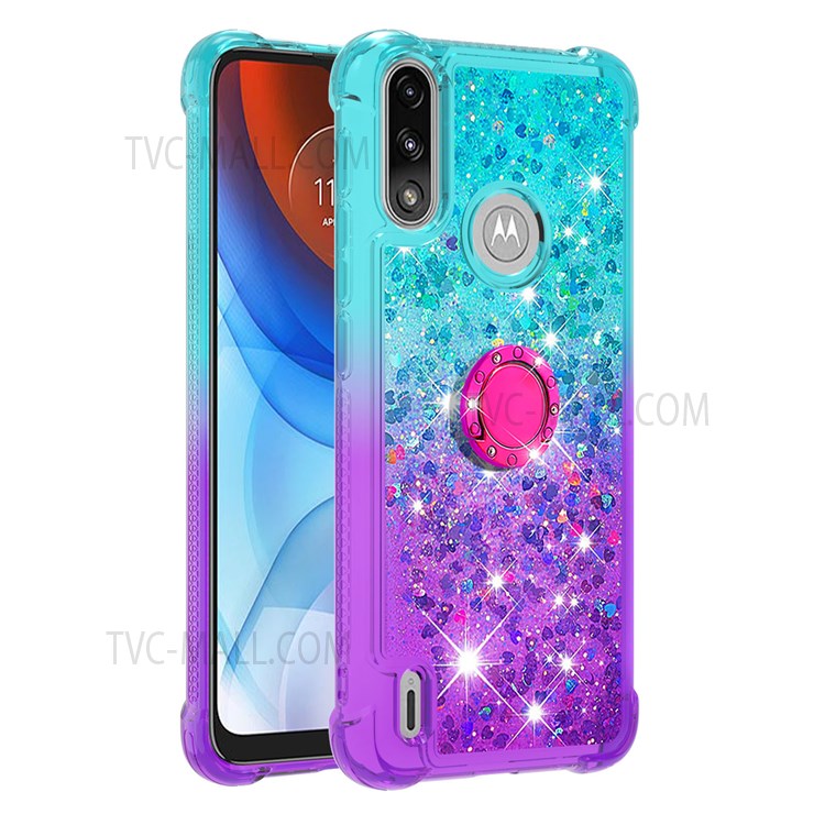 Ring Kickstand Drop-proof Soft TPU Protective Cover Gradient Quicksand Flowing Liquid Design Phone Case for Motorola Moto E7 Power - Sky Blue/Purple-1