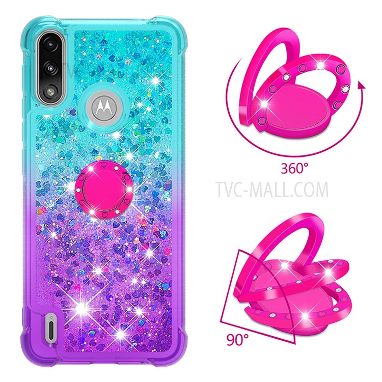 Ring Kickstand Drop-proof Soft TPU Protective Cover Gradient Quicksand Flowing Liquid Design Phone Case for Motorola Moto E7 Power - Sky Blue/Purple-2