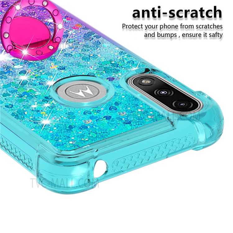 Ring Kickstand Drop-proof Soft TPU Protective Cover Gradient Quicksand Flowing Liquid Design Phone Case for Motorola Moto E7 Power - Sky Blue/Purple-3