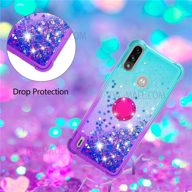 Ring Kickstand Drop-proof Soft TPU Protective Cover Gradient Quicksand Flowing Liquid Design Phone Case for Motorola Moto E7 Power - Sky Blue/Purple-4