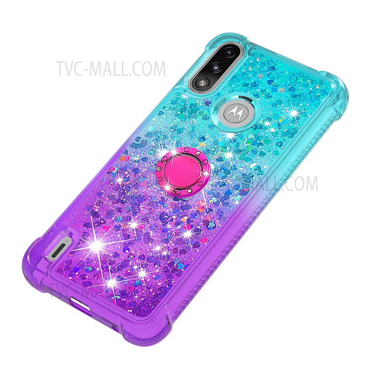 Ring Kickstand Drop-proof Soft TPU Protective Cover Gradient Quicksand Flowing Liquid Design Phone Case for Motorola Moto E7 Power - Sky Blue/Purple-5