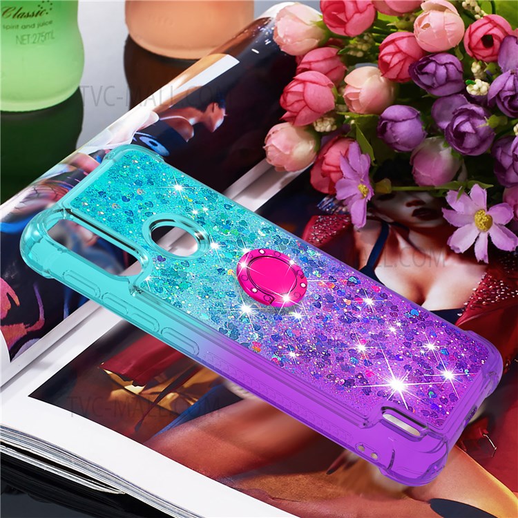 Ring Kickstand Drop-proof Soft TPU Protective Cover Gradient Quicksand Flowing Liquid Design Phone Case for Motorola Moto E7 Power - Sky Blue/Purple-6