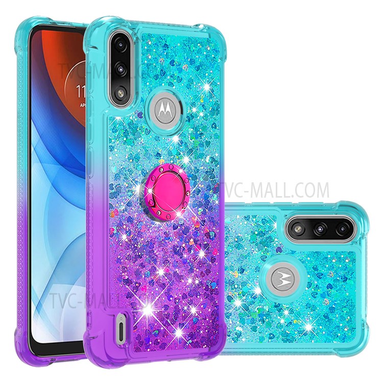 Ring Kickstand Drop-proof Soft TPU Protective Cover Gradient Quicksand Flowing Liquid Design Phone Case for Motorola Moto E7 Power - Sky Blue/Purple-7