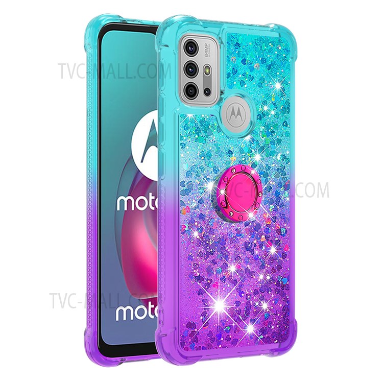 Ring Kickstand Scratch-proof Soft TPU Cover Gradient Quicksand Flowing Liquid Design Flexible Phone Case for Motorola Moto G10/G10 Power/G20/G30 - Sky Blue/Purple-1