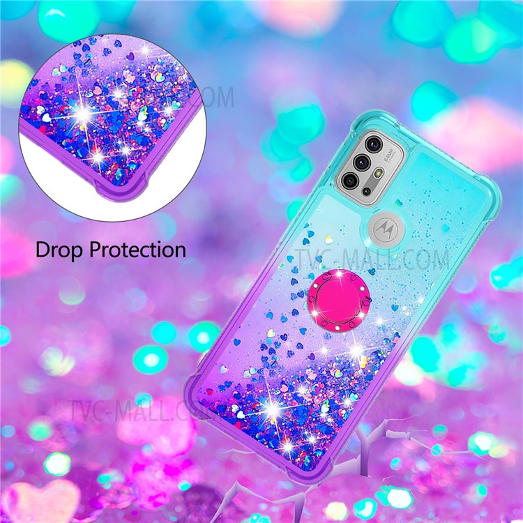Ring Kickstand Scratch-proof Soft TPU Cover Gradient Quicksand Flowing Liquid Design Flexible Phone Case for Motorola Moto G10/G10 Power/G20/G30 - Sky Blue/Purple-4