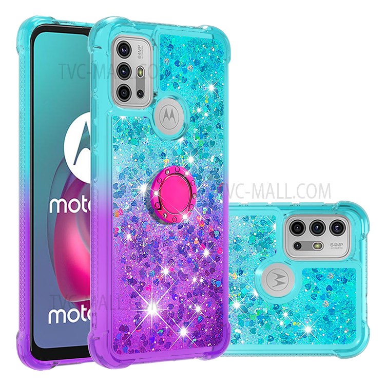 Ring Kickstand Scratch-proof Soft TPU Cover Gradient Quicksand Flowing Liquid Design Flexible Phone Case for Motorola Moto G10/G10 Power/G20/G30 - Sky Blue/Purple-7