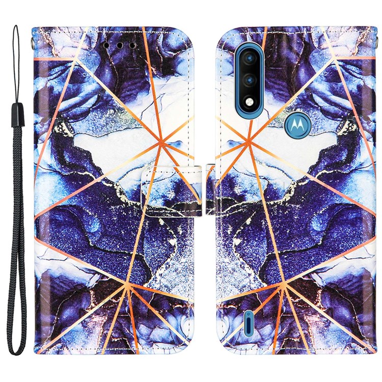 Marble Pattern Splicing Wallet Stand Leather Case Protective Phone Cover with Strap for Motorola Moto E7 Power - Dark Blue-1