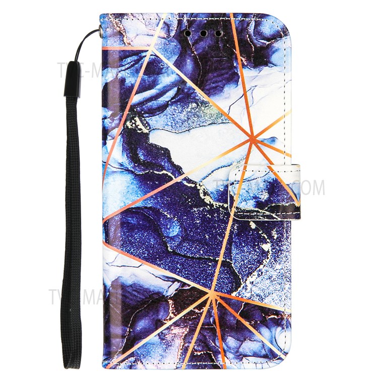 Marble Pattern Splicing Wallet Stand Leather Case Protective Phone Cover with Strap for Motorola Moto E7 Power - Dark Blue-2