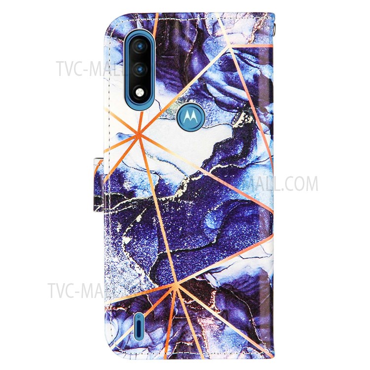 Marble Pattern Splicing Wallet Stand Leather Case Protective Phone Cover with Strap for Motorola Moto E7 Power - Dark Blue-3