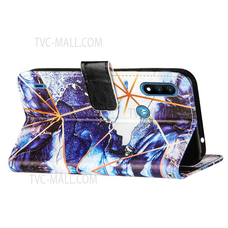 Marble Pattern Splicing Wallet Stand Leather Case Protective Phone Cover with Strap for Motorola Moto E7 Power - Dark Blue-4