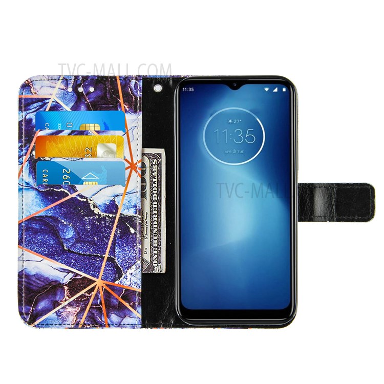 Marble Pattern Splicing Wallet Stand Leather Case Protective Phone Cover with Strap for Motorola Moto E7 Power - Dark Blue-5