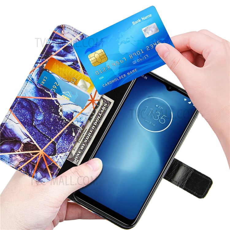 Marble Pattern Splicing Wallet Stand Leather Case Protective Phone Cover with Strap for Motorola Moto E7 Power - Dark Blue-6