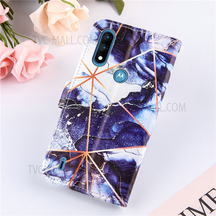 Marble Pattern Splicing Wallet Stand Leather Case Protective Phone Cover with Strap for Motorola Moto E7 Power - Dark Blue-8