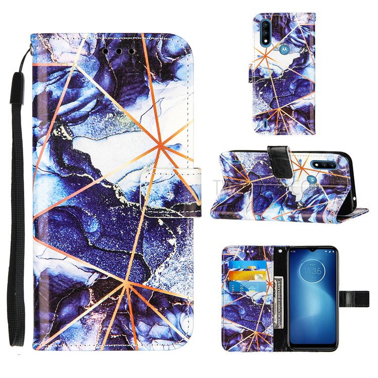 Marble Pattern Splicing Wallet Stand Leather Case Protective Phone Cover with Strap for Motorola Moto E7 Power - Dark Blue-9