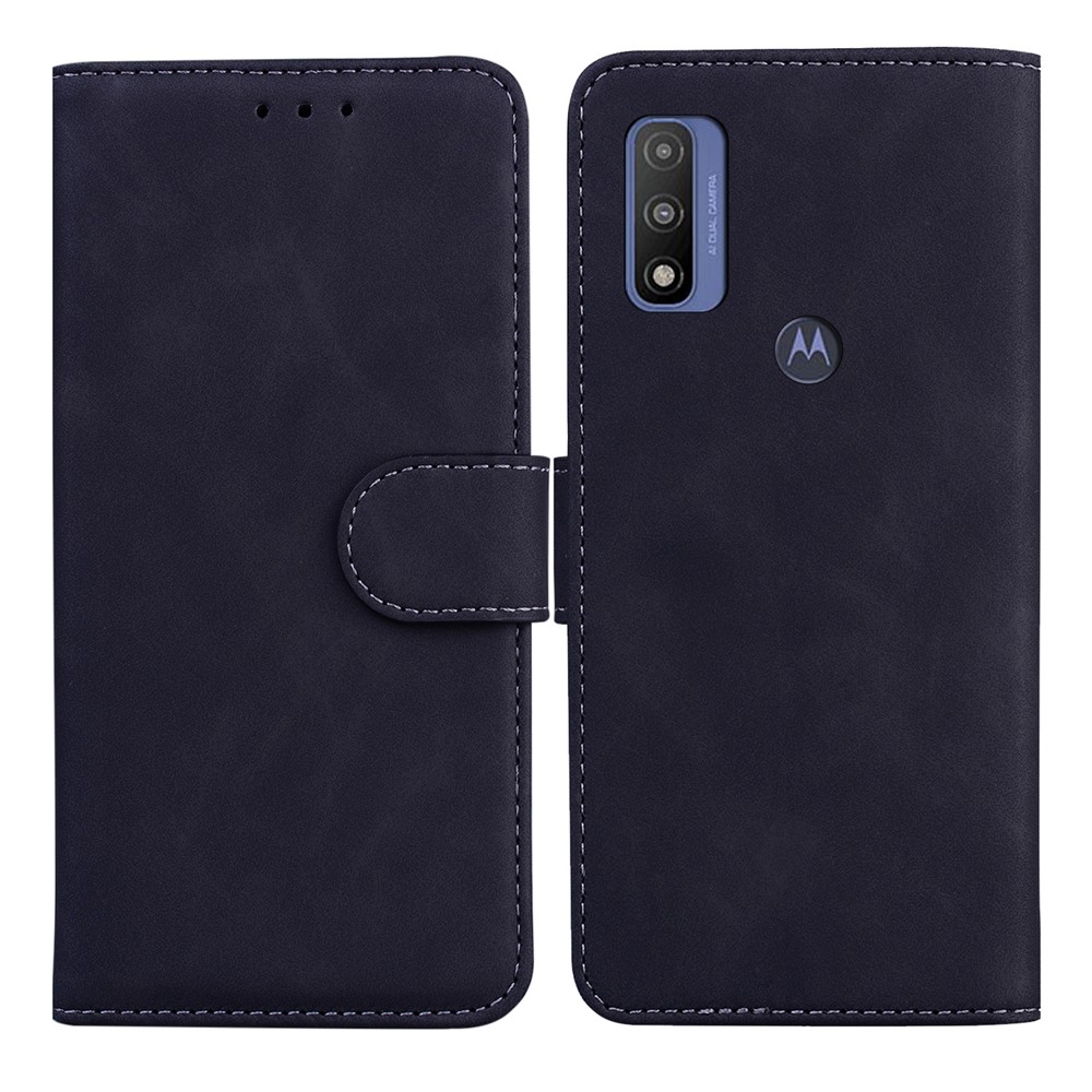 Solid Color Phone Case Premium PU Leather Dual-sided Magnetic Clasp Wallet Flip Cover with Stand for Motorola G Pure - Black-1