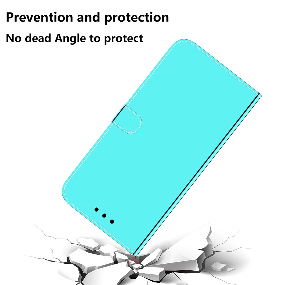 Premium PU Leather+TPU Mirror-like Surface Handy Strap Phone Covering Wallet Stand Phone Case for Motorola Moto E40/E30/E20 - Cyan-7