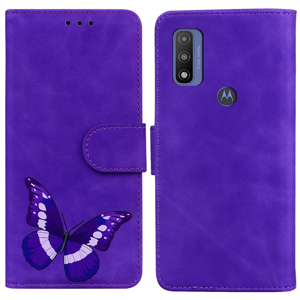 Adjustable Stand Butterfly Printing Skin-touch Leather Wallet Case Phone Cover for Motorola Moto E40/E30/E20 - Purple-1
