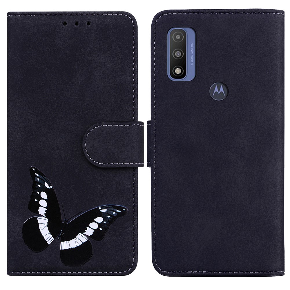 Butterfly Printing Skin-touch Folio Flip PU Leather + TPU Wallet Stand Case Cover for Motorola G Pure - Black-1