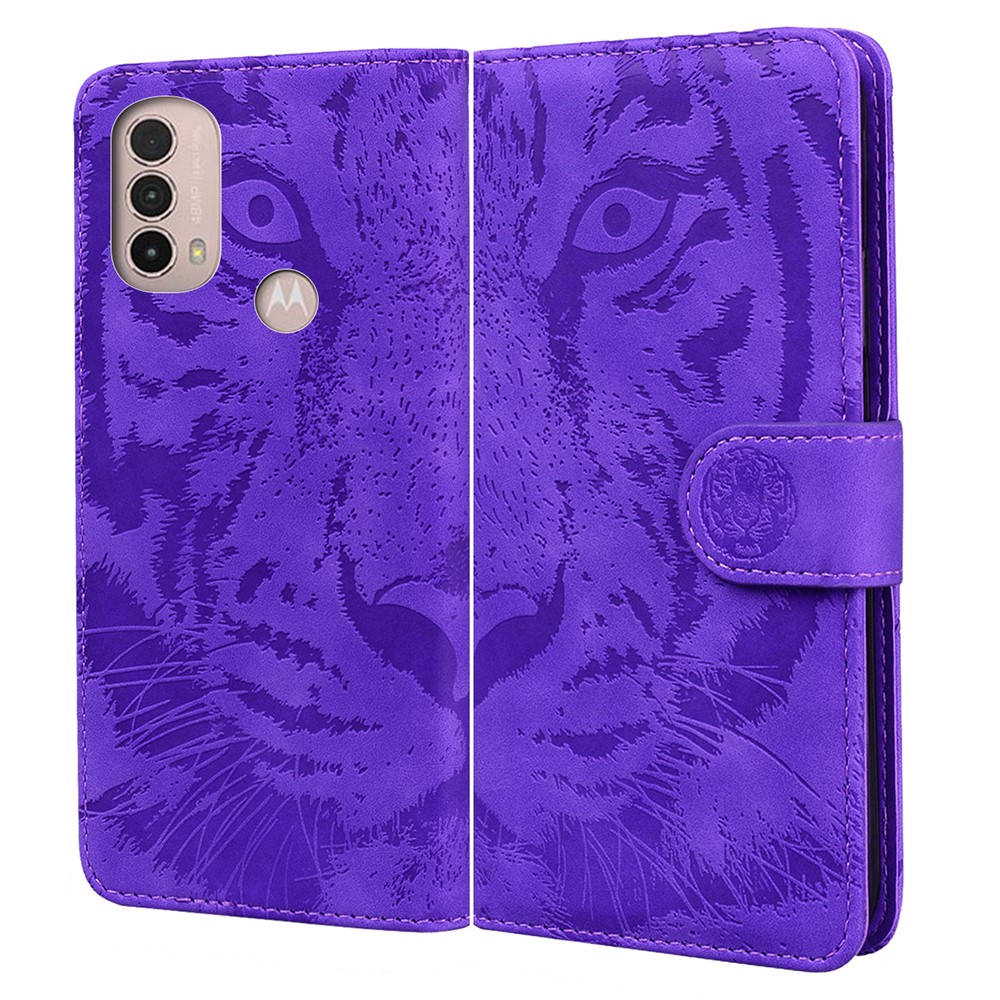 Tiger Imprinted PU Leather Mobile Phone Protective Case Cover with Wallet Stand for Motorola Moto E20/E30/E40 - Purple-1