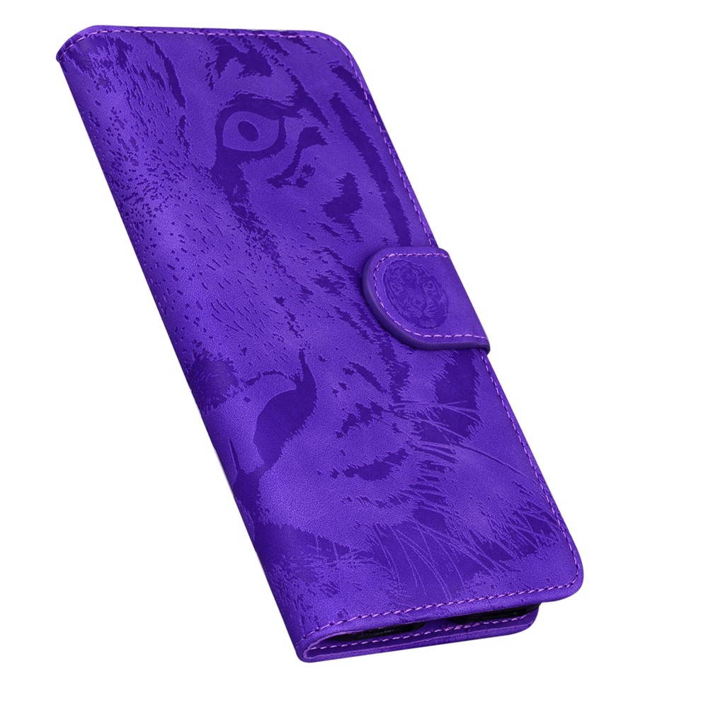 Tiger Imprinted PU Leather Mobile Phone Protective Case Cover with Wallet Stand for Motorola Moto E20/E30/E40 - Purple-5