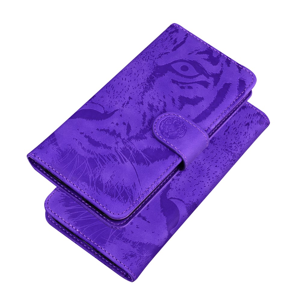 Tiger Imprinted PU Leather Mobile Phone Protective Case Cover with Wallet Stand for Motorola Moto E20/E30/E40 - Purple-7