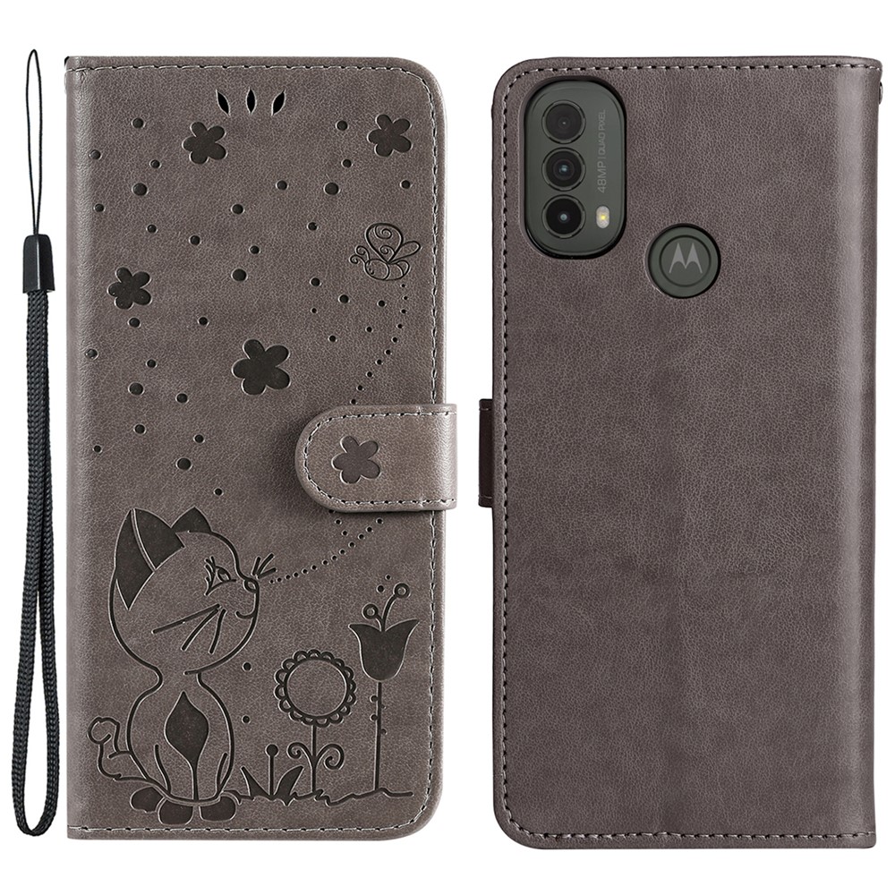 Anti-fingerprint Wallet Design Flip Phone Case Cat and Bee Pattern Imprinting Leather Phone Cover Shell with Stand for Motorola Moto E20/E30/E40 - Grey-1